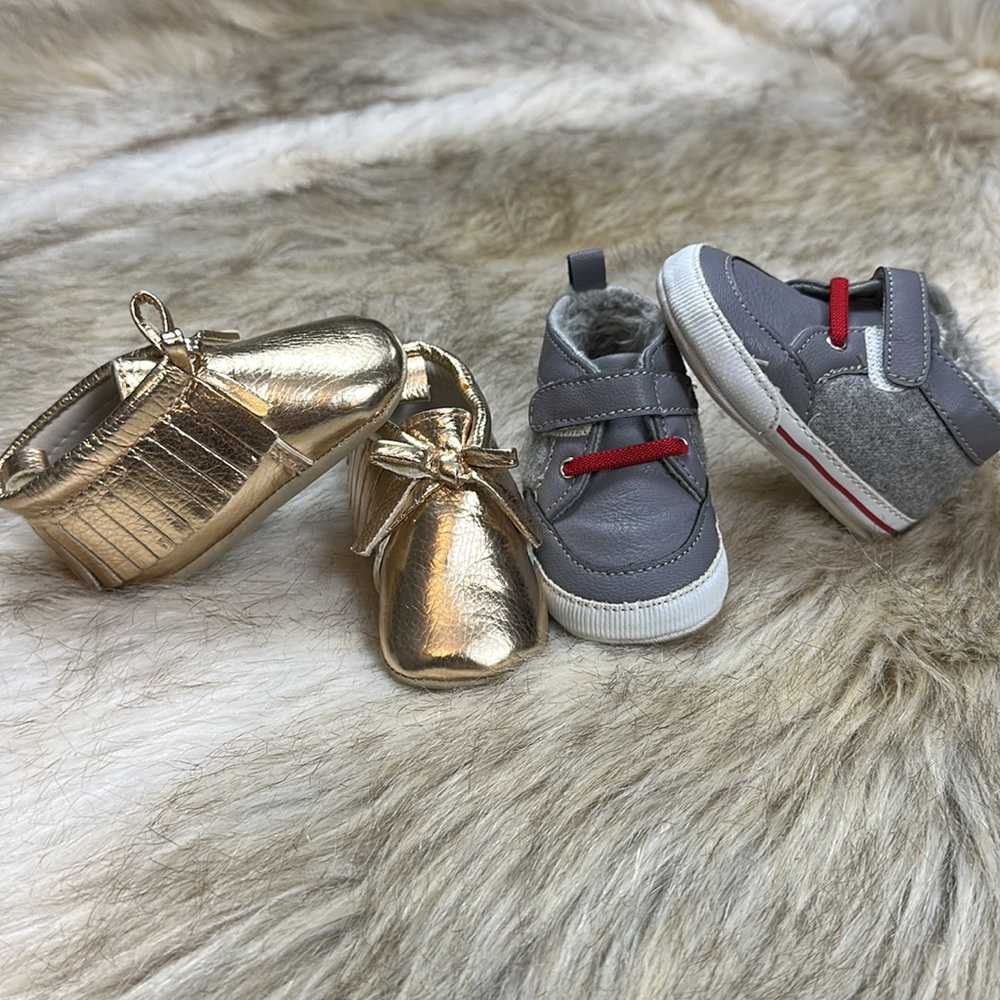 0-3 Month Gold Moccasins and Grey Velcro Sneaker